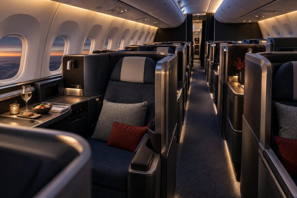 Cabina moderna de clase ejecutiva con suites privadas y luz cálida durante un vuelo