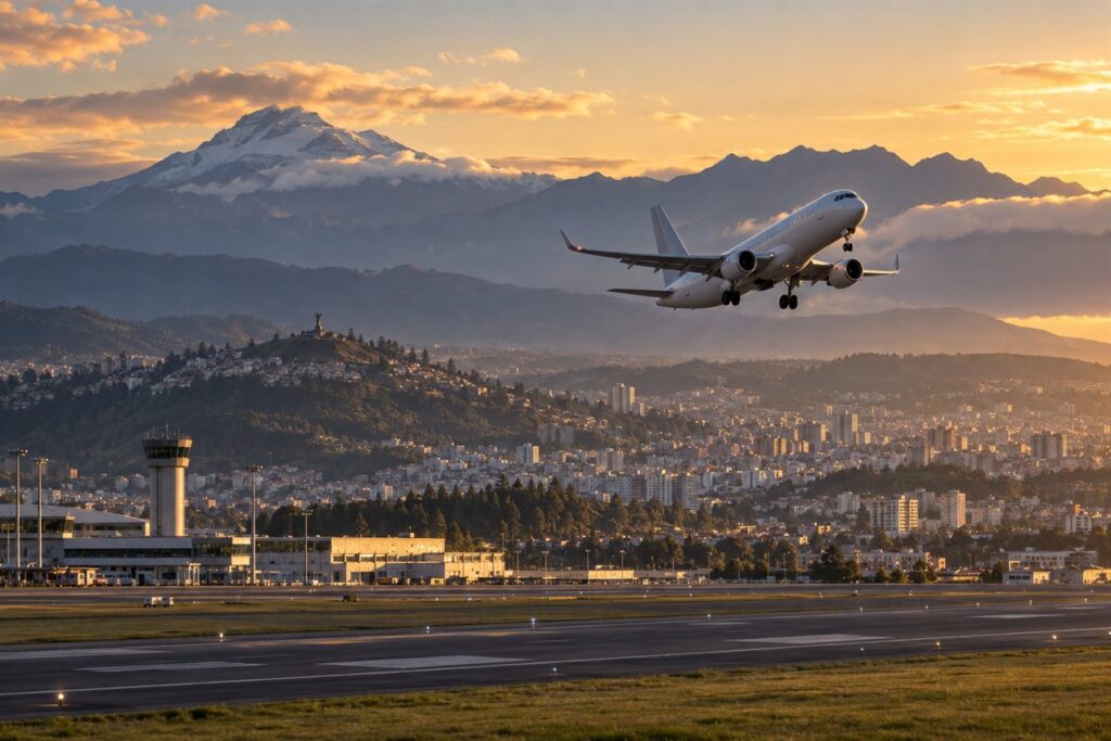Avión despegando de un aeropuerto de Quito con la ciudad y los Andes al fondo