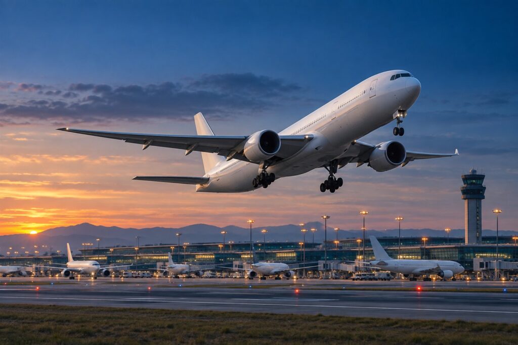 Avión comercial despegando sobre un aeropuerto internacional al atardecer