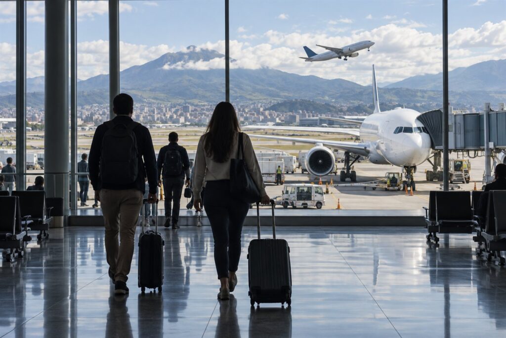 Viajeros frente a aviones preparados para conexiones internacionales
