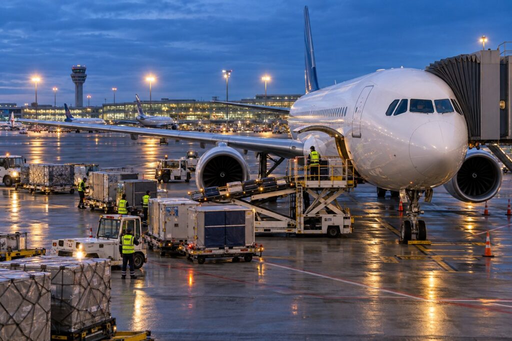 Equipo de operaciones en tierra atendiendo un avión y organizando carga en un aeropuerto internacional