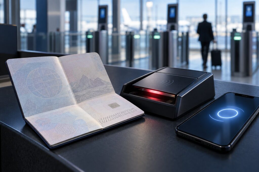 Pasaporte electrónico, lector digital y teléfono en un control aeroportuario
