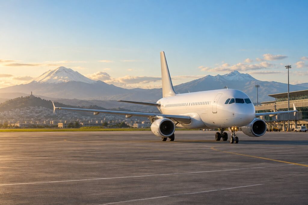 Avión comercial en un aeropuerto andino que representa la conexión aérea entre Quito y Lima